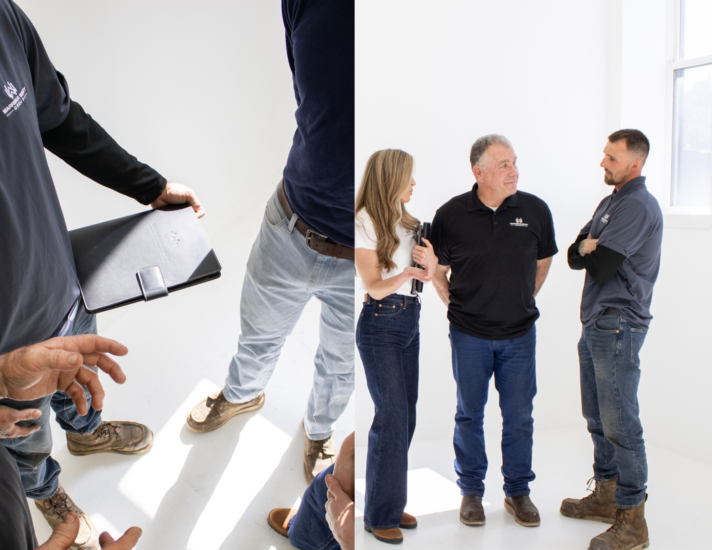 Two images showing people in work attire with a focus on hands and clothing.