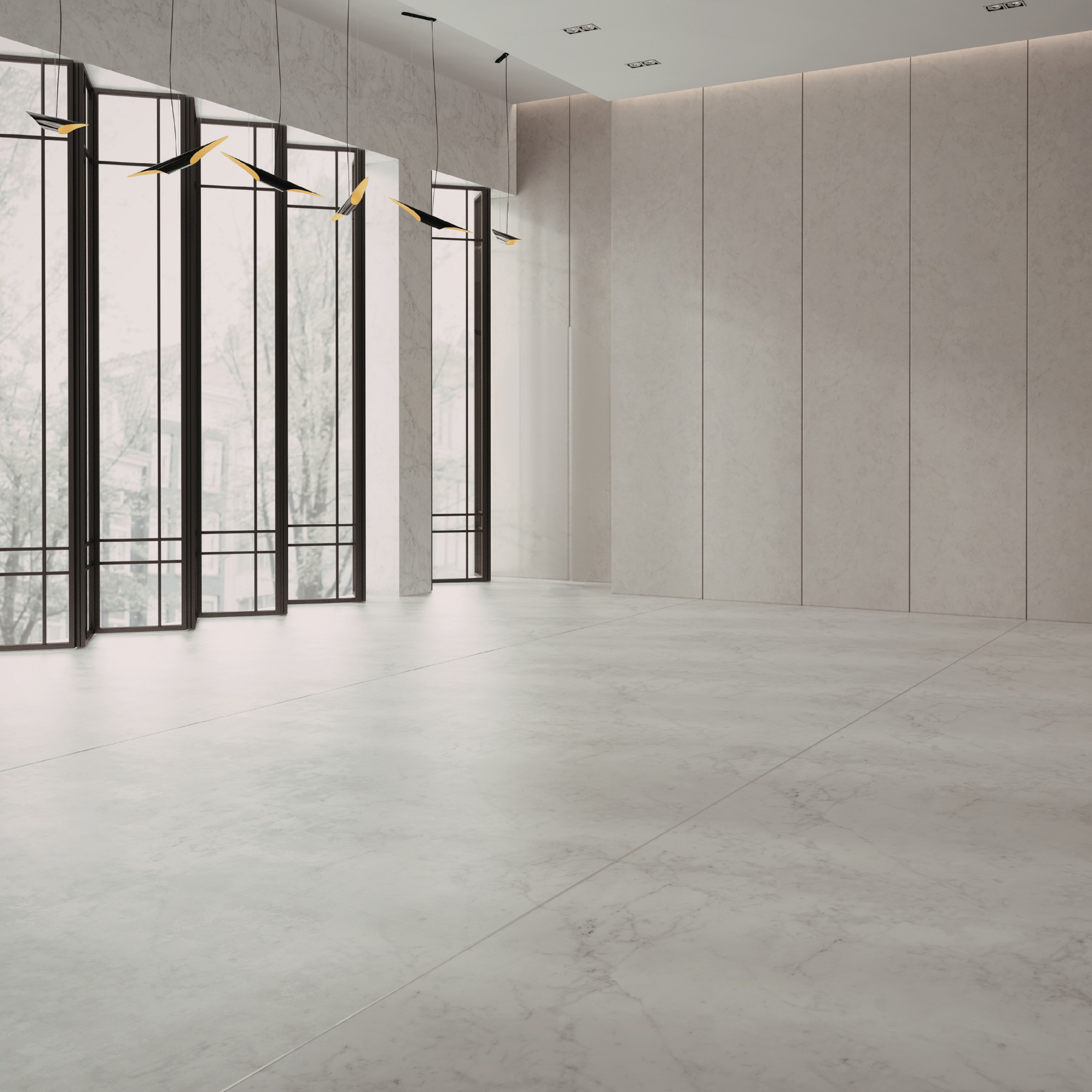 Modern interior with large windows and neutral color palette